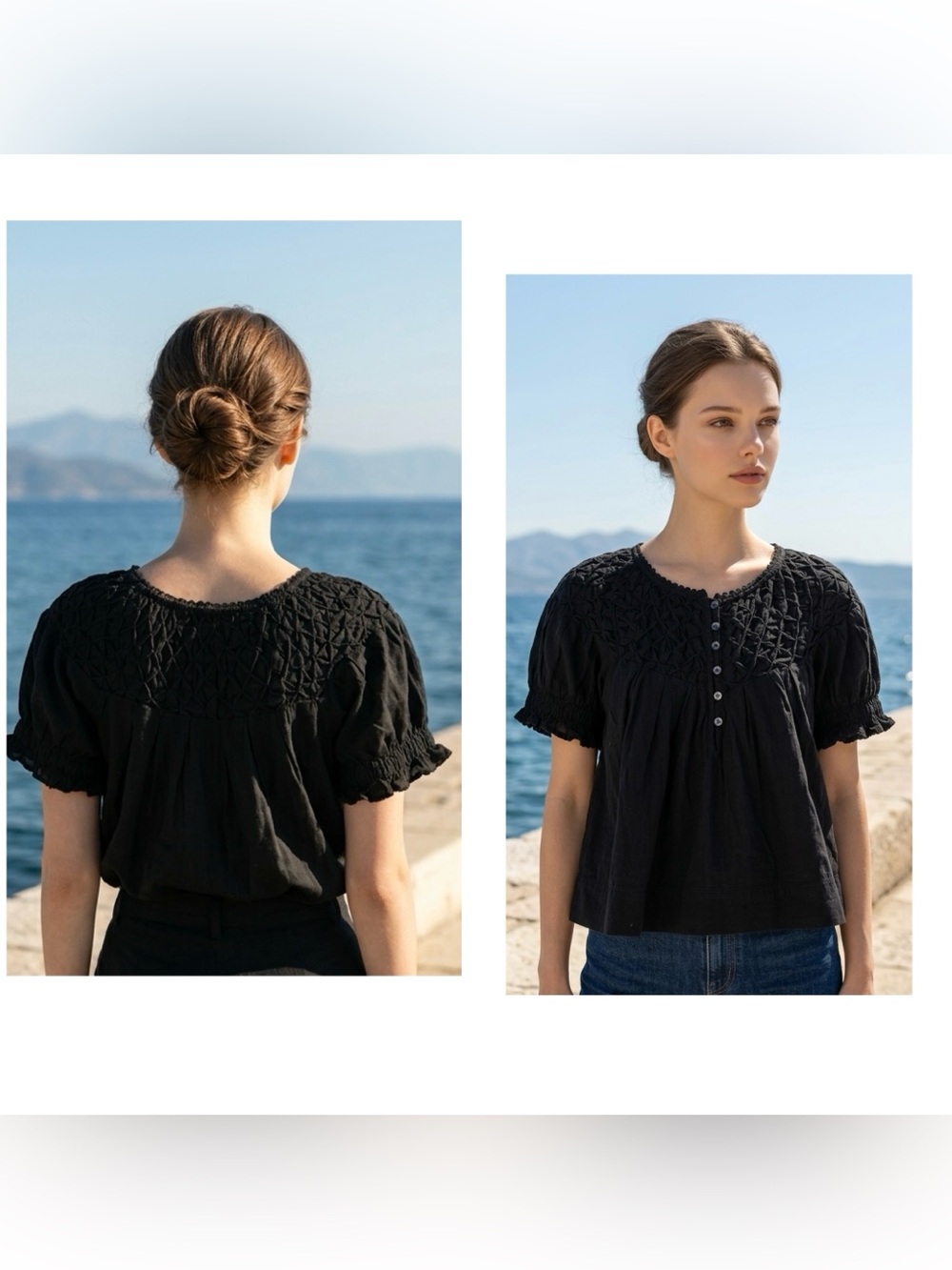 Sundance Women Sz XS Ludi textured Smocked Yoke Short Puff Sleeve Henley Top BLK